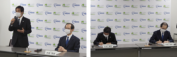 協定締結式に出席したNEDO石塚理事長と福島県内堀知事の様子の写真